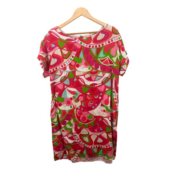 NWT Linen Luv Pink Green Abstract Print 100% Linen Shift Dress Size M - Picture 2 of 9